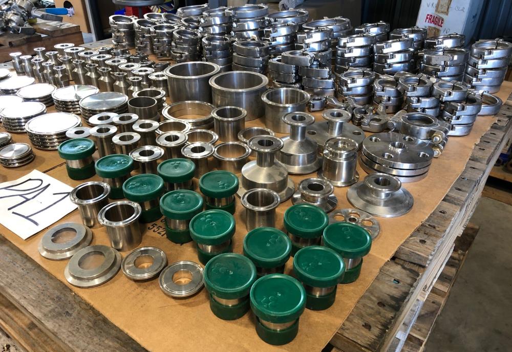 LOT (340) Stainless Steel Sanitary Clamps, End Caps, Ferrules, Adapters & More